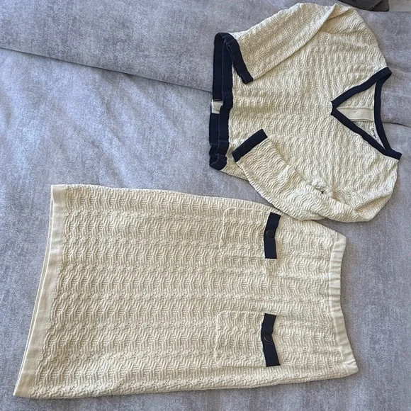 J. Peterman Vivienne Pointelle Cotton Suit Set Cream Navy Trim Skirt Top XS/S - Picture 7 of 16